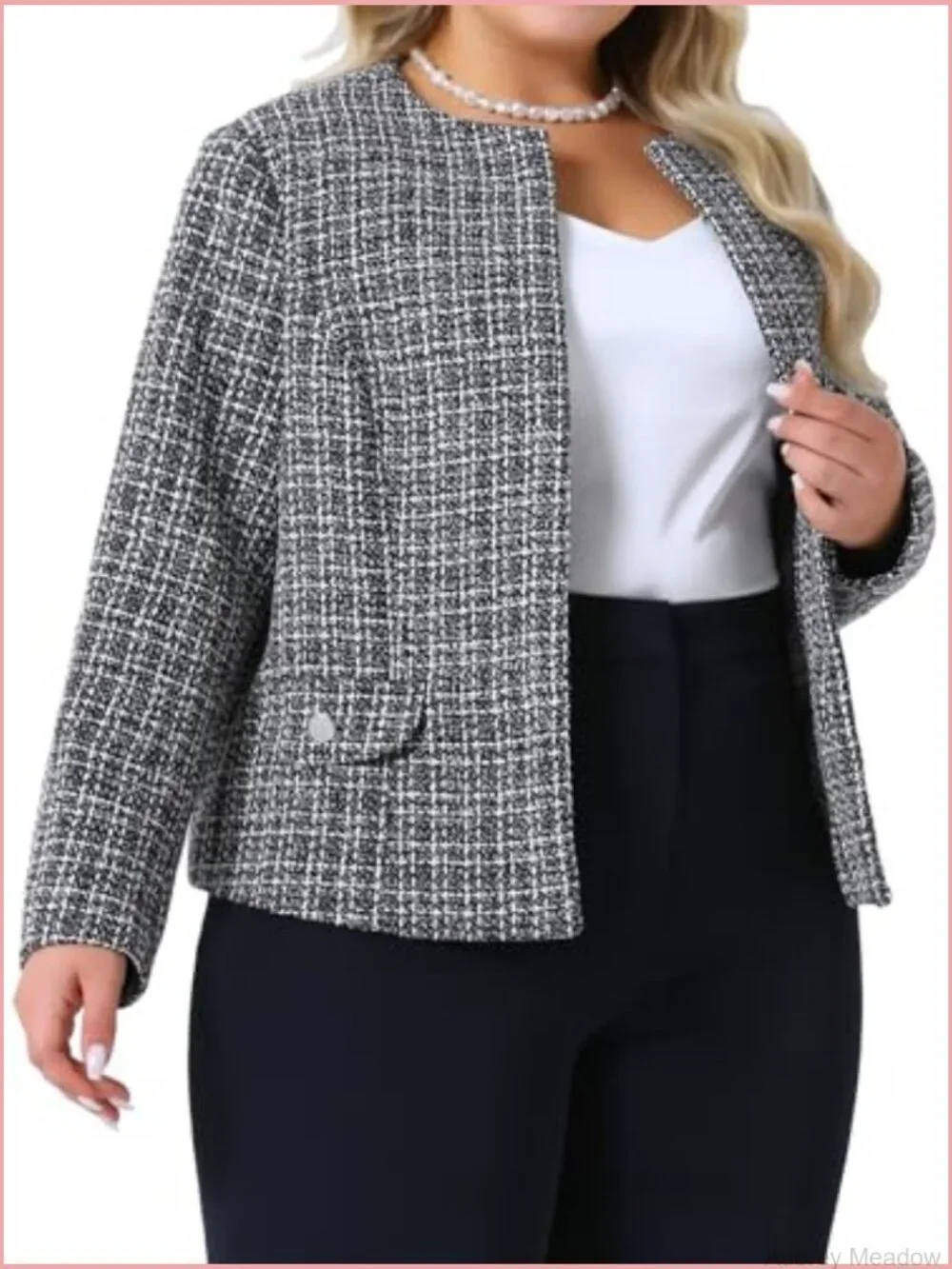 Plus Size Collarless Tweed Blazer Womens Open Front Long Sleeve Work